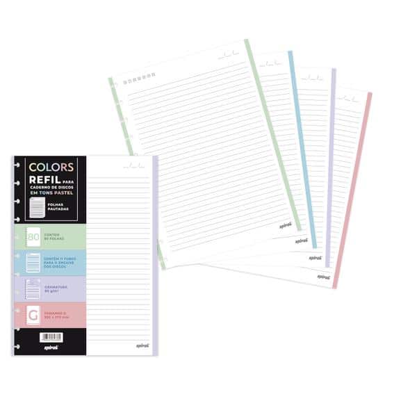 Refil para Caderno de Disco Tamanho G (200×275 mm) com 80 Folhas Pautadas, Colors, Tons Pastel, Gramatura 90g, 2647023, Spiral - PT 1 UN Refil para Caderno de Disco Tamanho G (200×275 mm) com 80 Folhas Pautadas, Colors, Tons Pastel, Gramatura 90g, 2647023, Spiral - PT 1 UN