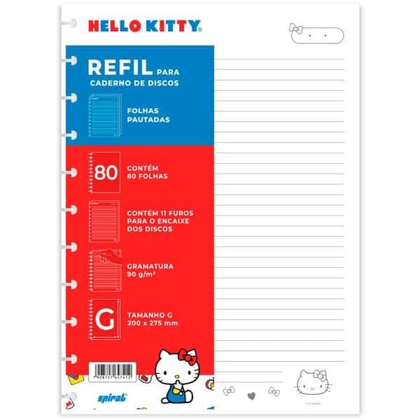 Refil para Caderno de Disco Tamanho G (200×275 mm) com 80 Folhas Pautadas, Hello Kitty, Gramatura 90g, 2647412, Spiral Hki - PT 1 UN