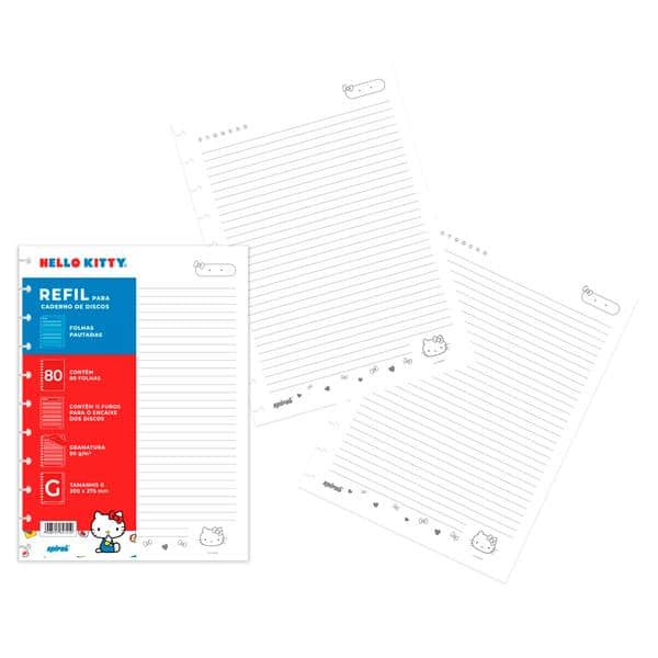 Refil para Caderno de Disco Tamanho G (200×275 mm) com 80 Folhas Pautadas, Hello Kitty, Gramatura 90g, 2647412, Spiral Hki - PT 1 UN
