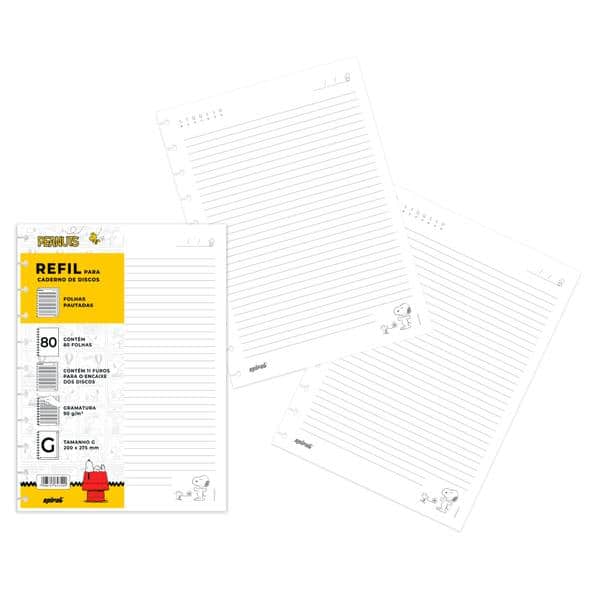 Refil para Caderno de Disco Tamanho G (200×275 mm) com 80 Folhas Pautadas, Snoopy, Gramatura 90g, 2647429, Spiral Sno - PT 1 UN Refil para Caderno de Disco Tamanho G (200×275 mm) com 80 Folhas Pautadas, Snoopy, Gramatura 90g, 2647429, Spiral Sno - PT 1 UN