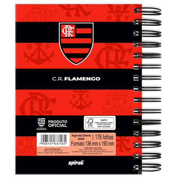 Agenda diária 2026, Flamengo, 176 folhas, 2637185, Spiral - PT 1 UN