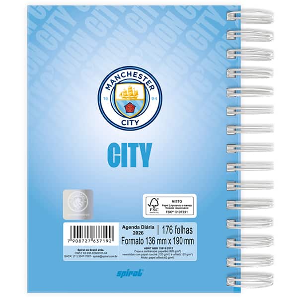 Agenda diária 2026, Manchester City, 176 folhas, 2637192, Spiral - PT 1 UN