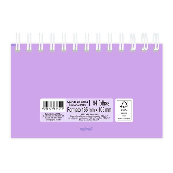 Agenda de bolso semanal Soothing 2026, 64 folhas, Lilás, Spiral Soot - PT 1 UN