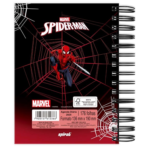 Agenda Diária 2025 Homem Aranha Spiderman Marvel, 176 folhas, 2512366 Spiral Mha - PT 1 UN