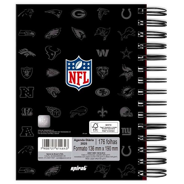 Agenda diária 2025, NFL, 176 folhas, 2514643, Spiral NFL - PT 1 UN