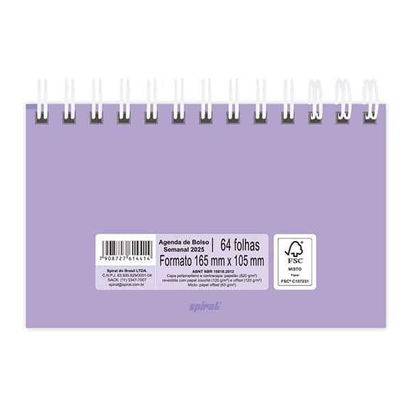 Agenda de Bolso 2025 Soothing Lilás Pastel, 64 Folhas Spiral - PT 1 UN