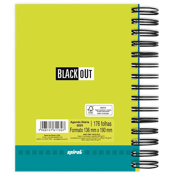 Agenda Diária 2025 Black Out, Azul, 176 folhas, 2511307, Spiral Blk - PT 1 UN