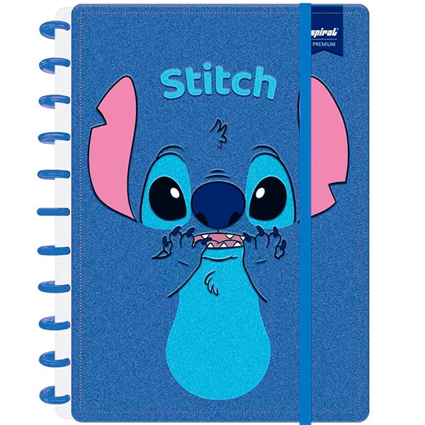 Caderno de Disco Caoa Premium com Flocagem Disney Stitch Grande (200×275 mm) com 80 Folhas Pautadas Gramatura 90g Spiral Ds - PT 1 UN