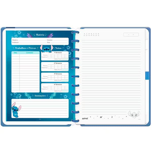 Caderno de Disco Caoa Premium com Flocagem Disney Stitch Grande (200×275 mm) com 80 Folhas Pautadas Gramatura 90g Spiral Ds - PT 1 UN