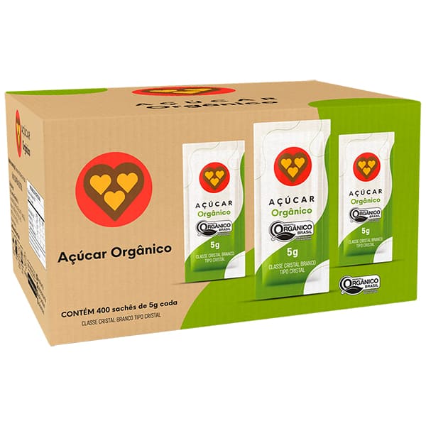 Açúcar cristal orgânico sachê 5g, 3 Corações - CX 400 UN