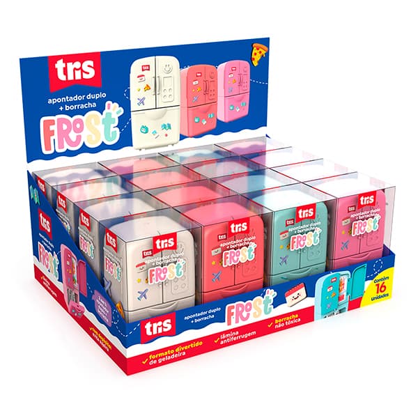 Apontador Duplo com Depósito + Borracha, Mini geladeira, Cores Sortidas, Tris - BT 1 UN Apontador Duplo com Depósito + Borracha, Mini geladeira, Cores Sortidas, Tris - BT 1 UN