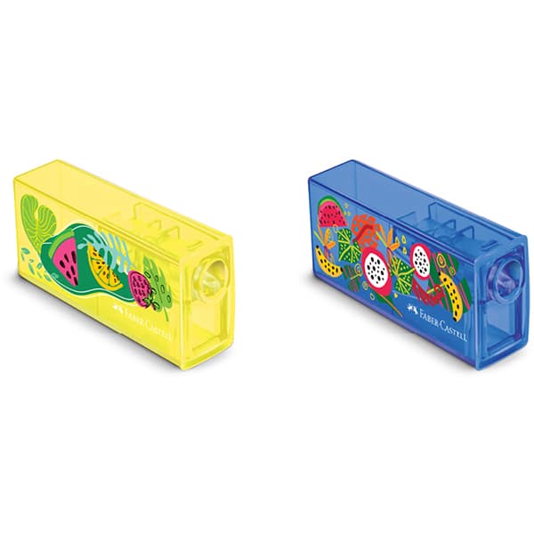 Apontador com depósito Glimmer, Botânica, Azul e Amarelo, Faber-Castell - DP 25 UN