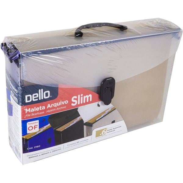 Maleta Arquivo Plástica Slim Home Office com 06 Pastas Suspensas Kraft com Grampo Fixador, Visor e Etiqueta, Cristal, Dello - PT 1 UN