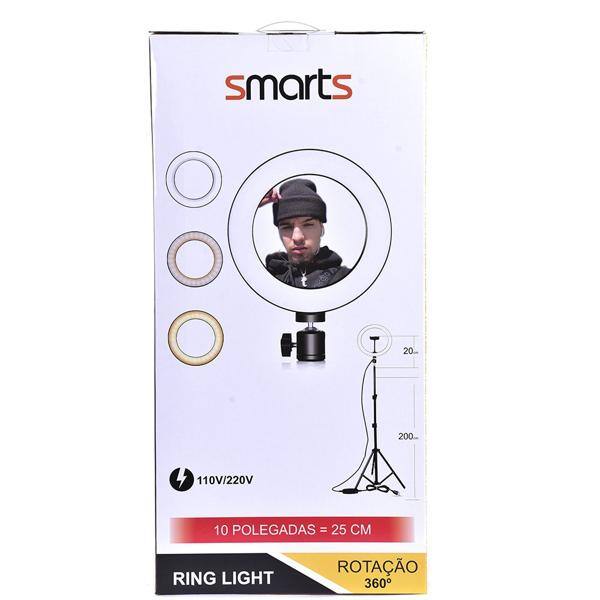 Ring Light Iluminador c/ Anel 10" Polegadas - 25cm c/ 3 Tonalidades de Luz, Tripé de 2,10m e Suporte para Smartphone - Smarts PC 1 UN