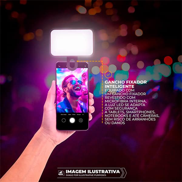 Luz de Selfie Recarregável Clip-On, LED com Modos Ajustáveis de Iluminação, Armor, GS-10921, Gshield - CX 1 UN Luz de Selfie Recarregável Clip-On, LED com Modos Ajustáveis de Iluminação, Armor, GS-10921, Gshield - CX 1 UN