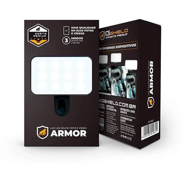 Luz de Selfie Recarregável Clip-On, LED com Modos Ajustáveis de Iluminação, Armor, GS-10921, Gshield - CX 1 UN Luz de Selfie Recarregável Clip-On, LED com Modos Ajustáveis de Iluminação, Armor, GS-10921, Gshield - CX 1 UN