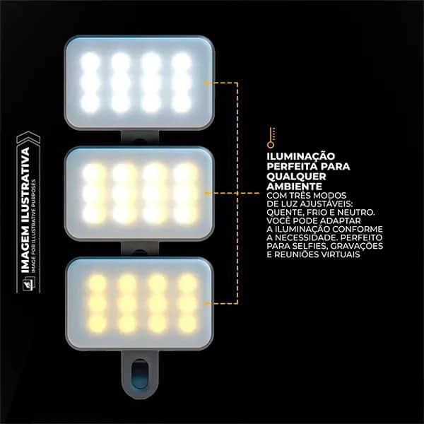 Luz de Selfie Recarregável Clip-On, LED com Modos Ajustáveis de Iluminação, Armor, GS-10921, Gshield - CX 1 UN Luz de Selfie Recarregável Clip-On, LED com Modos Ajustáveis de Iluminação, Armor, GS-10921, Gshield - CX 1 UN