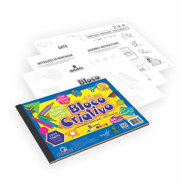 Bloco Criativo com 8 cores - Papel A4+ 325mm x 235mm, Gramatura 120g, 32 Folhas, Romitec - PT 32 FL