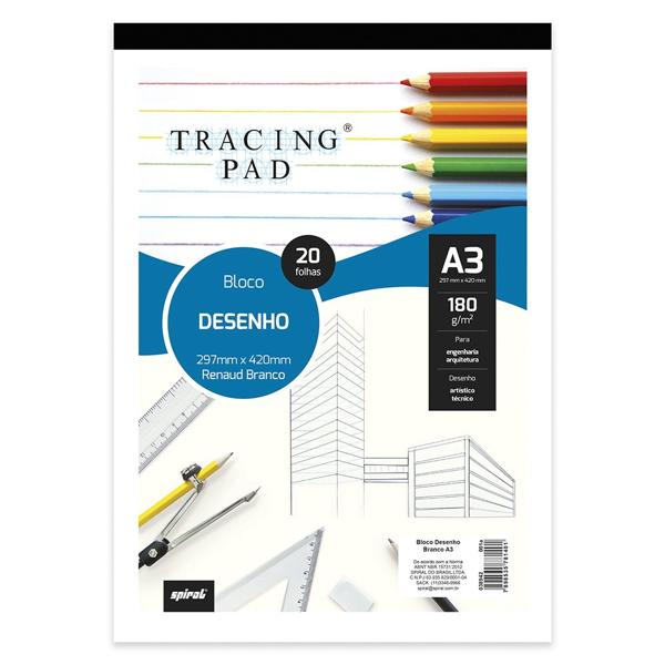 Bloco de desenho A3, Branco, 180g, Tracing Pad, 81401, Spiral - BL 20 FL