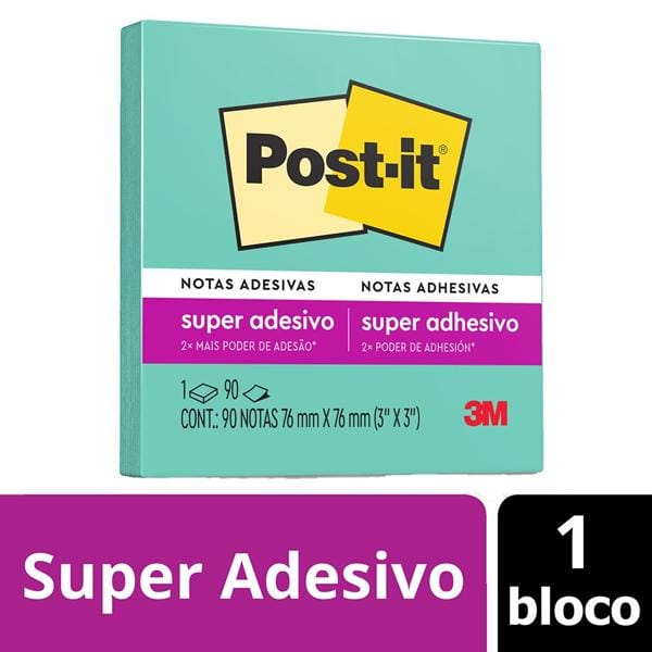 Bloco de Notas Super Adesivas Post-it Azul Aqua 76 mm x 76 mm - 90 folhas - CX 1 UN