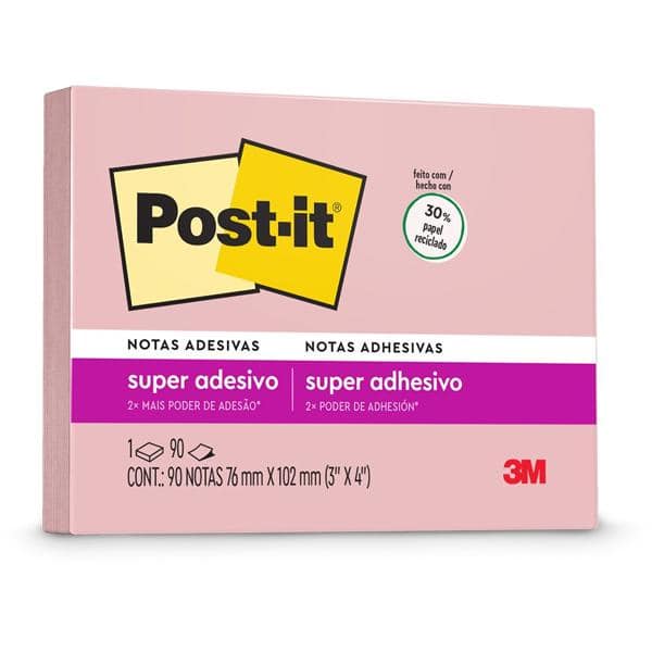 Bloco de Notas Super Adesivas Post-it Rosa Milênio 76 mm x 102 mm - 90 folhas - CX 1 UN