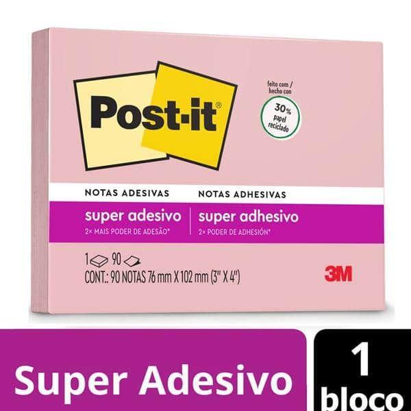 Bloco de Notas Super Adesivas Post-it Rosa Milênio 76 mm x 102 mm - 90 folhas - CX 1 UN