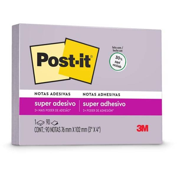 Bloco de Notas Super Adesivas Post-it Lilac 76 mm x 102 mm - 90 folhas - CX 1 UN