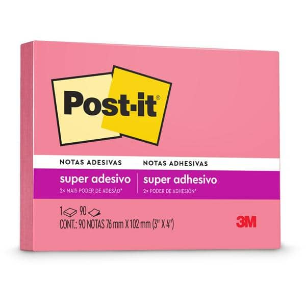 Bloco de Notas Super Adesivas Post-it Pink 76 mm x 102 mm - 90 folhas - CX 1 UN