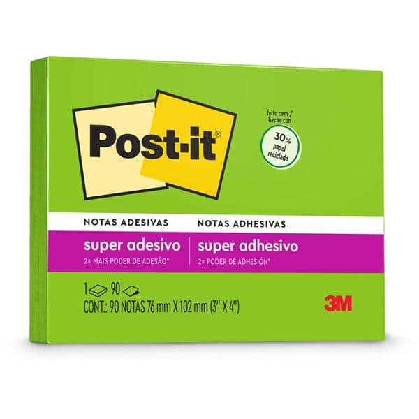 Bloco de Notas Super Adesivas Post-it Verde Limeade 76 mm x 102 mm - 90 folhas - CX 1 UN