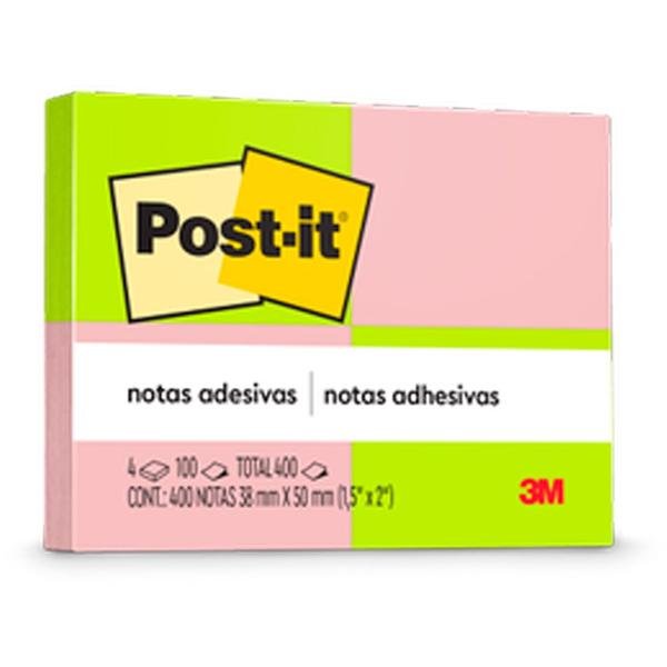 Bloco de Notas Post-it Neon - 4 Blocos de 38 mm x 50mm - 400 folhas, 3M - PT 4 UN