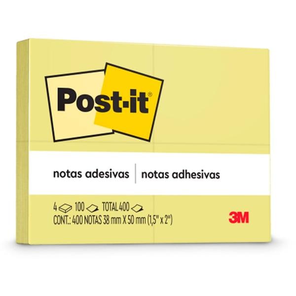 Bloco de Notas Adesivas Post-it Amarelo - 4 Blocos de 38 mm x 50 mm - 100 Folhas - PT 4 UN