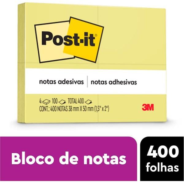 Bloco de Notas Adesivas Post-it Amarelo - 4 Blocos de 38 mm x 50 mm - 100 Folhas - PT 4 UN