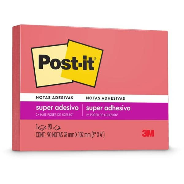 Bloco de Notas Super Adesivas Post-it Rosa Poppy 76 mm x 102 mm - 90 folhas - PT 1 UN