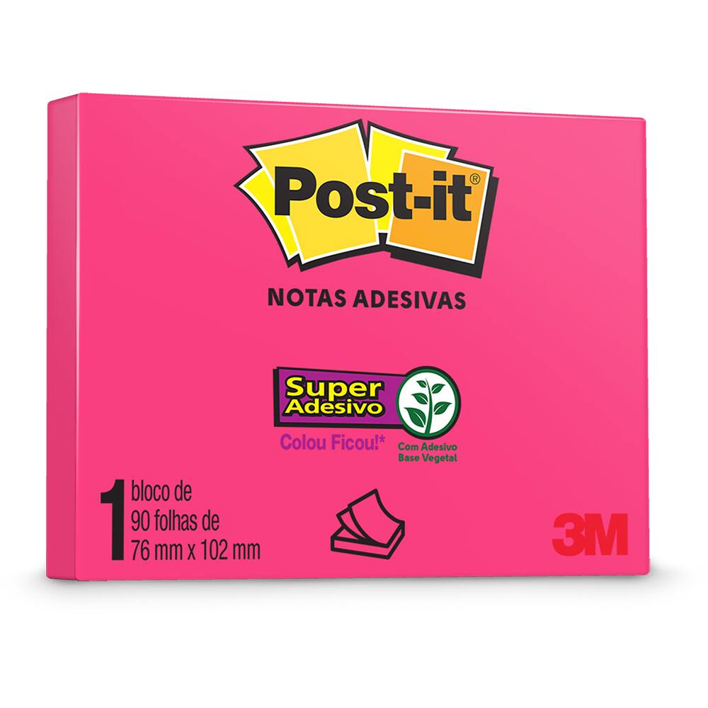 Bloco Adesivo Postit® Rosa 76 mm x 102 mm 90 folhas 3M PT 1 UN