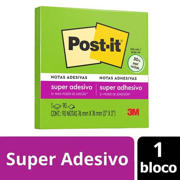 Bloco de Notas Super Adesivas Post-it Verde Limeade 76 mm x 76 mm - 90 folhas - PT 1 UN