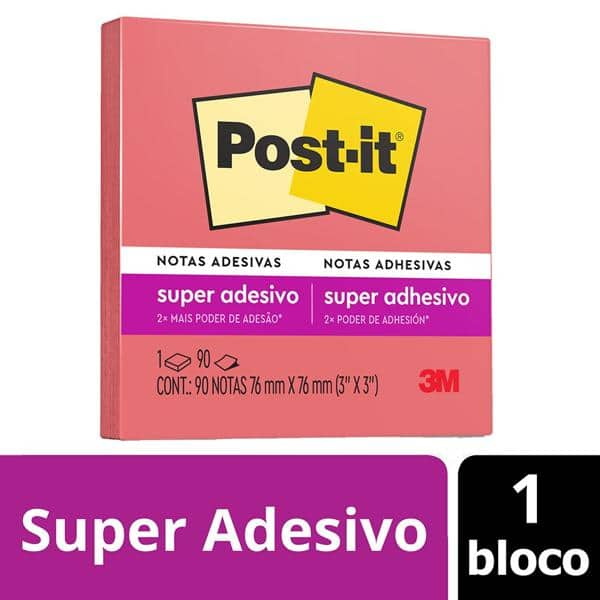 Bloco de Notas Super Adesivas Post-it Rosa Poppy 76 mm x 76 mm - 90 folhas - PT 1 UN