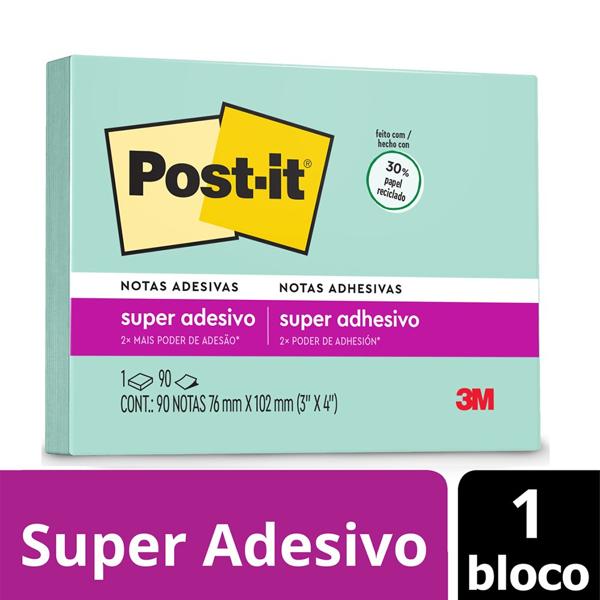 Bloco de Notas Super Adesivas Post-it Menta 76 mm x 102 mm - 90 folhas - PT 1 UN