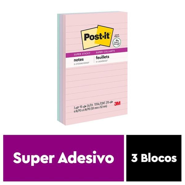 Bloco de Notas Adesivas pautado Post-it, Coleção Paixão por viajar, 101 mm x 152 mm, 270 folhas, 3M - BL 1 UN