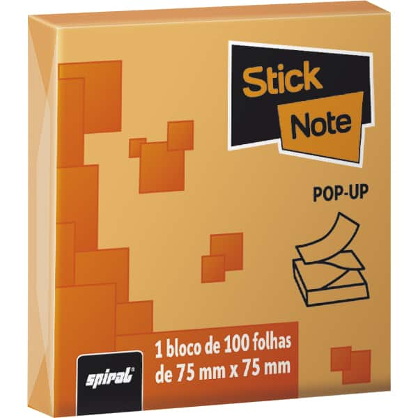 Bloco autoadesivo pop-up, 75mm x 75mm, Laranja, com 100 folhas, KA7152, Stick Note - PT 1 UN