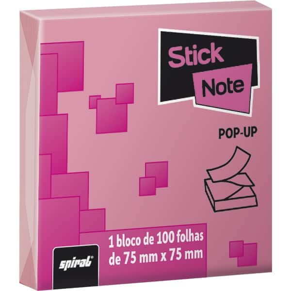 Bloco autoadesivo pop-up, 75mm x 75mm, Rosa, com 100 folhas, KA7160, Stick Note - PT 1 UN