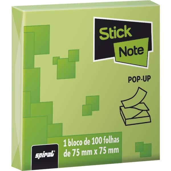 Bloco autoadesivo pop-up, 75mm x 75mm, Verde, com 100 folhas, KA7150, Stick Note - PT 1 UN