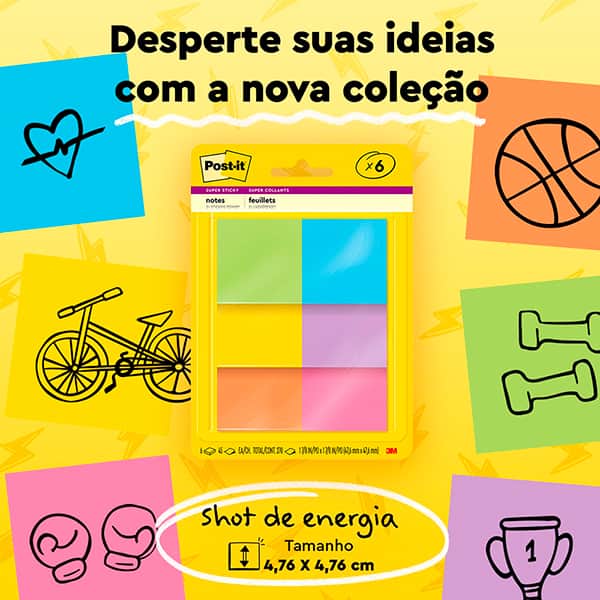 Bloco Adesivo Post-It, Shot de Energia, 47,6mm X 47,6mm - 270 Folhas, PT 6 UN Bloco Adesivo Post-It, Shot de Energia, 47,6mm X 47,6mm - 270 Folhas, PT 6 UN