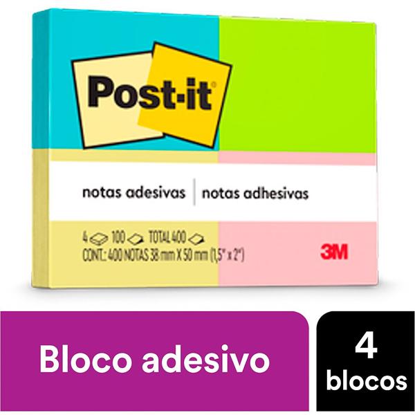 Bloco de notas adesivas, Post-it, 4 cores Neon, 38mm x 50mm, 4 unidades de 100 folhas cada (total de 400 folhas) PT 4 UN