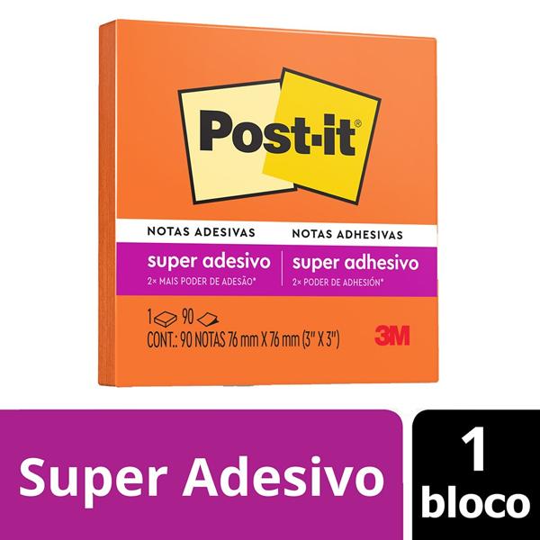 Bloco de Notas Super Adesivas Post-it Laranja Neon 76 mm x 76 mm - 90 folhas - PT 1 UN