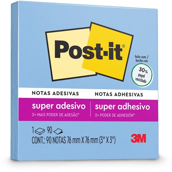 Bloco de Notas Super Adesivas Post-it Azul 76 mm x 76 mm - 90 folhas - PT 1 UN