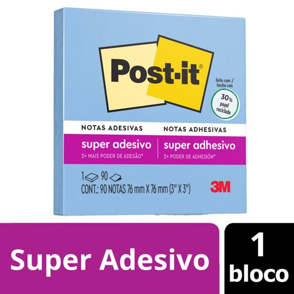 Bloco de Notas Super Adesivas Post-it Azul 76 mm x 76 mm - 90 folhas - PT 1 UN