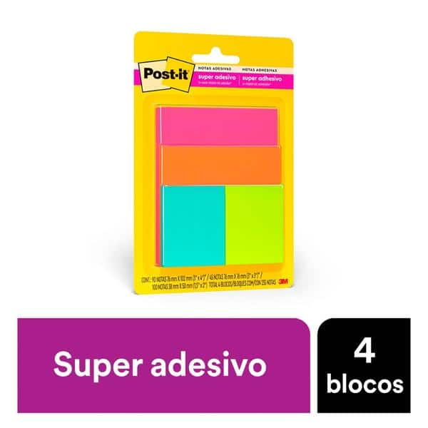 Blocos de Notas Adesivas Post-it Cascata – 3 Blocos de 76 mm x 76 mm – 45 folhas cada - PT 4 UN