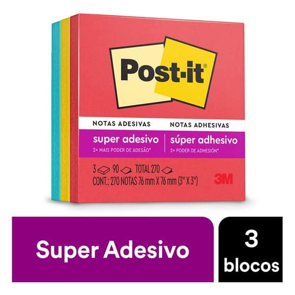 Bloco de Notas Adesivas Post-it Coleção Diversão, 3 blocos, 76x76mm, 270 folhas, 3M - PT 1 BL