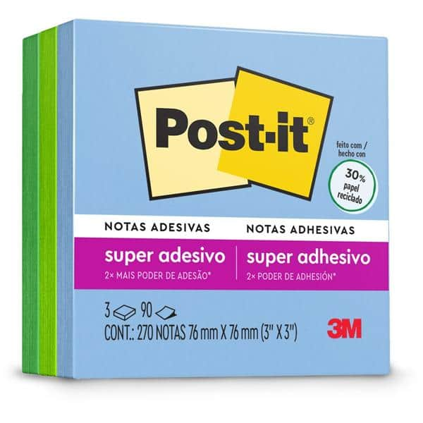 Bloco de Notas Adesivas Post-it Coleção Oásis, 3 blocos, 76x76mm, 270 folhas, 3M - PT 1 BL