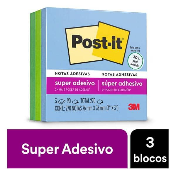 Bloco de Notas Adesivas Post-it Coleção Oásis, 3 blocos, 76x76mm, 270 folhas, 3M - PT 1 BL